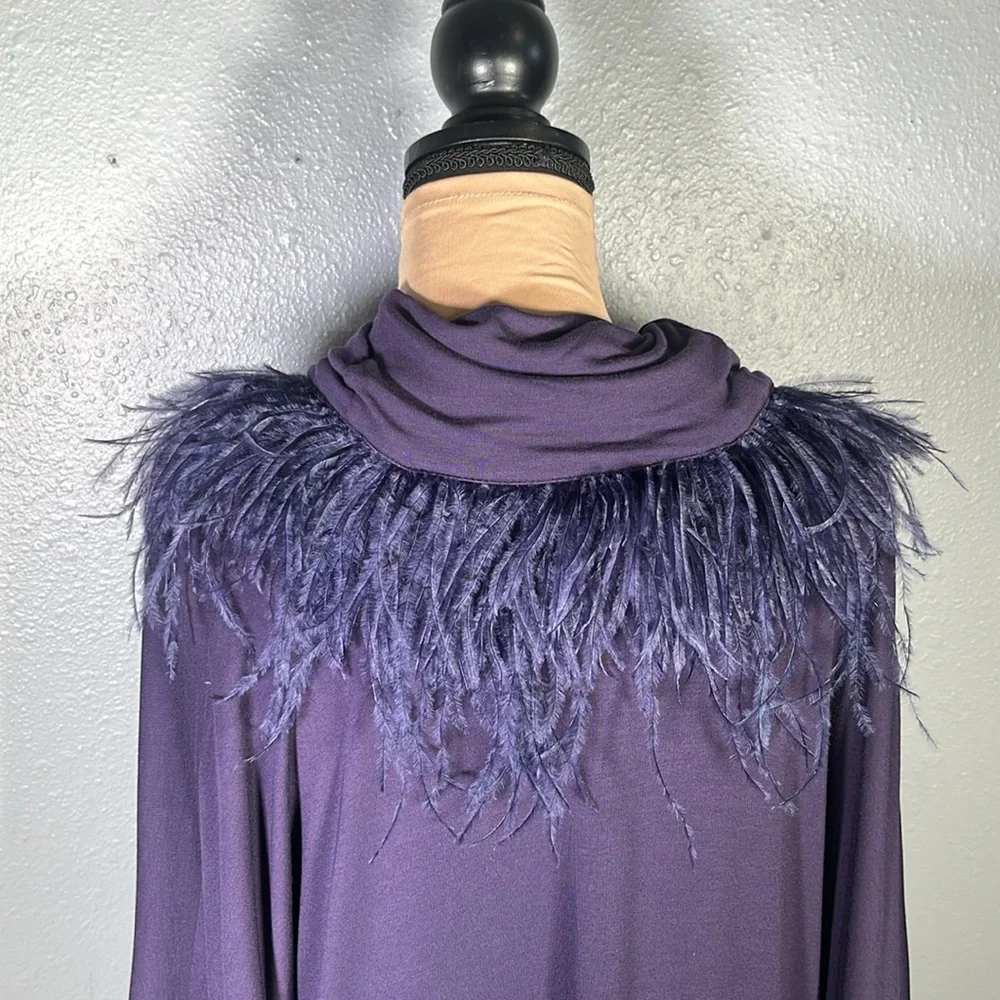 Chicos purple feather trim cowl neck fancy feathers poncho sz L/XL